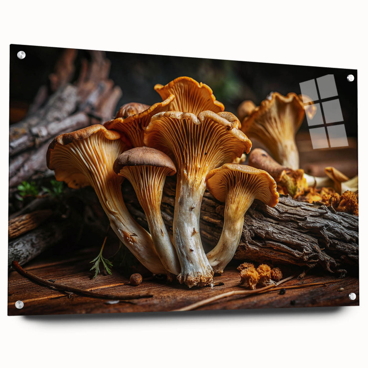 Botanical wall art collection featuring colorful flowers and mushrooms, displayed in a sleek acrylic glass frame with stylish pins, perfect for home decor.