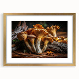 Framed botanical wall art print showcasing vibrant flowers and mushrooms with a gold mat, elegantly displayed in a stylish frame, perfect for home decor.