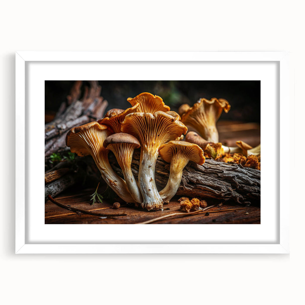 Botanical wall art print showcasing an intricate flower and mushroom design, framed in a sleek white mat, ideal for enhancing home decor with nature-inspired elegance.