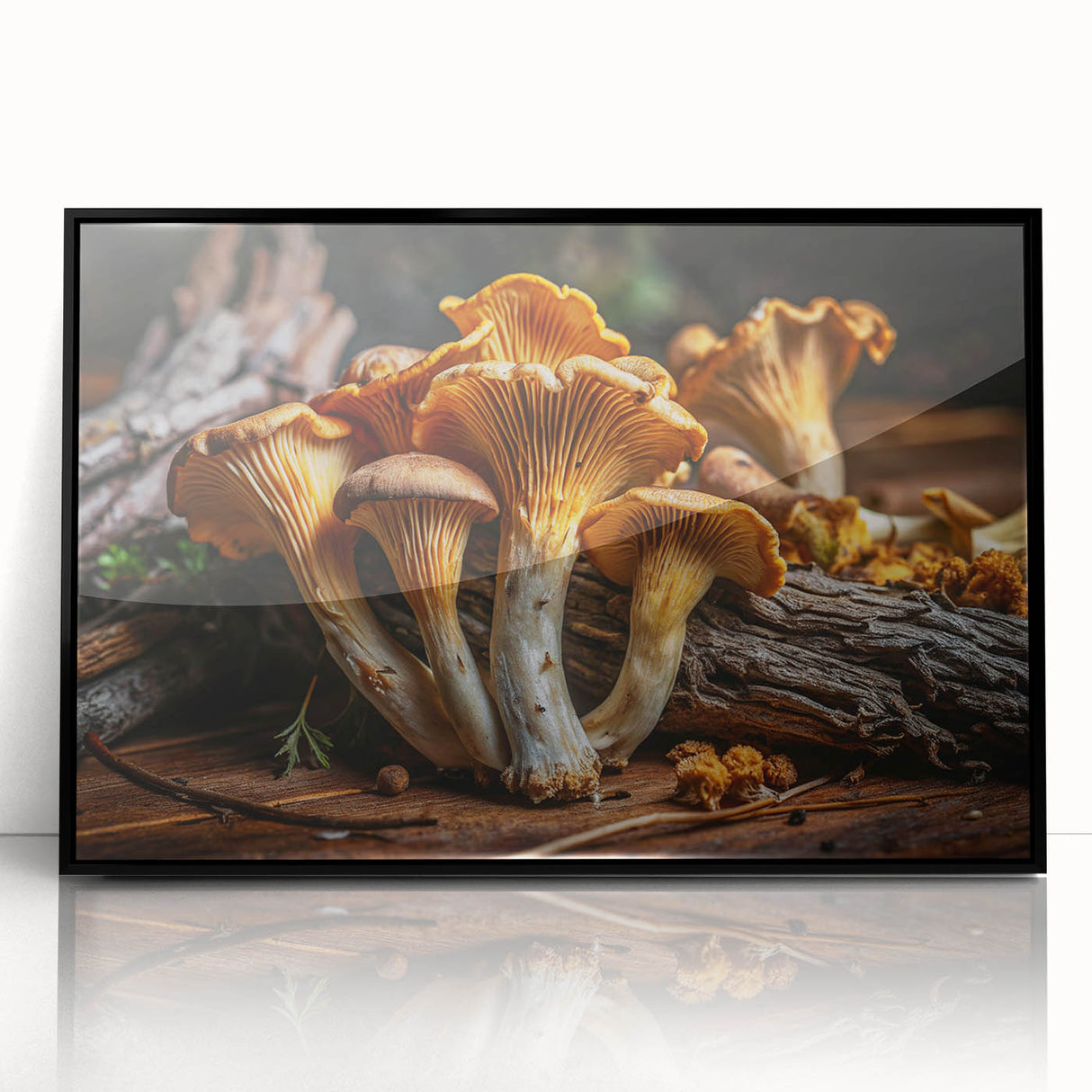 Framed wall art design showcasing a botanical arrangement of colorful mushrooms on a black background, perfect for modern home decor, adding a unique touch to any space.
