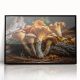 Framed wall art design showcasing a botanical arrangement of colorful mushrooms on a black background, perfect for modern home decor, adding a unique touch to any space.