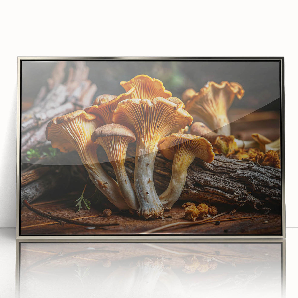Framed wall art featuring a vibrant botanical design of colorful flowers and mushrooms, set in a sleek silver frame, perfect for enhancing modern home decor.