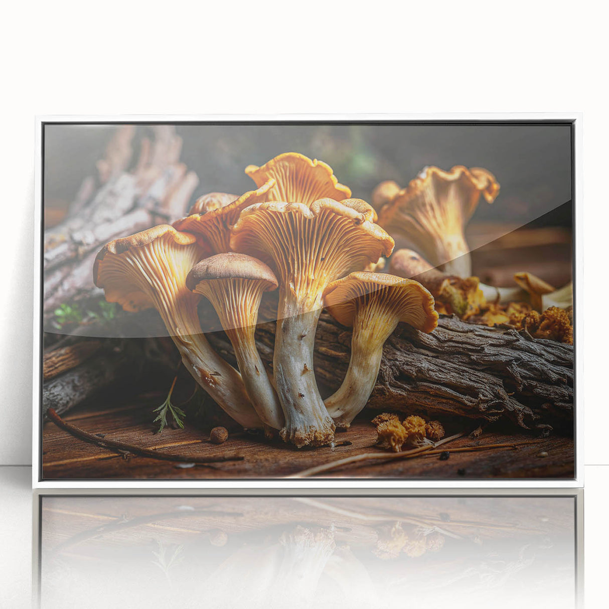Framed wall art featuring a vibrant botanical design of flowers and mushrooms, displayed in a sleek white frame, showcasing intricate details and colors ideal for home decor.