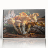 Framed wall art featuring a vibrant botanical design of flowers and mushrooms, displayed in a sleek white frame, showcasing intricate details and colors ideal for home decor.
