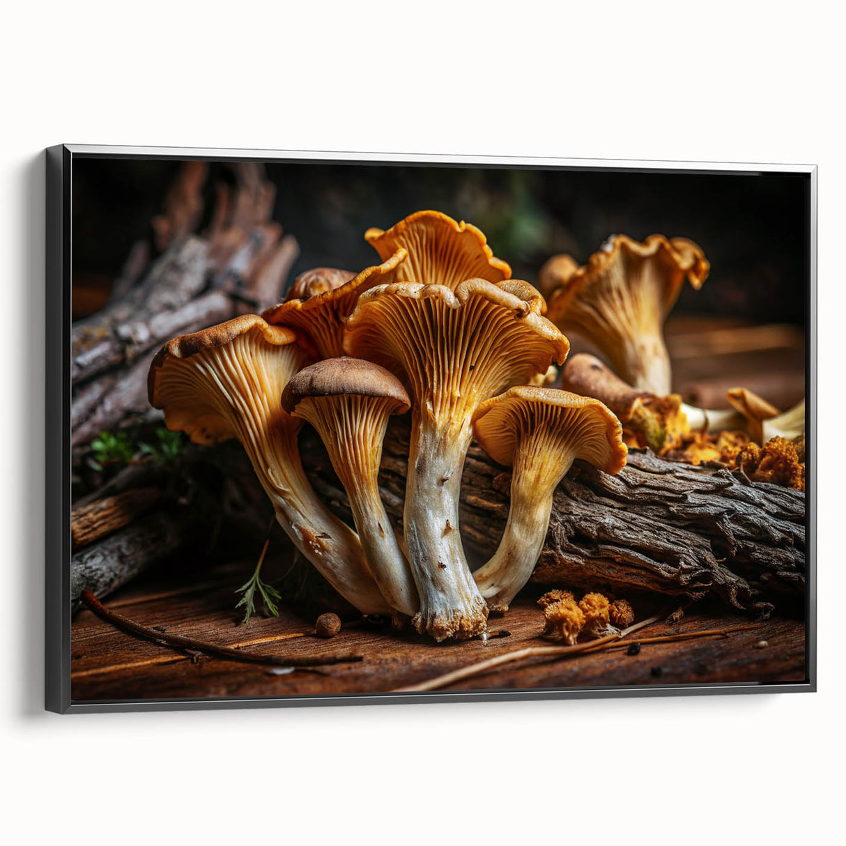 Framed canvas wall art featuring a botanical design of colorful flowers and mushrooms, displayed from a black side view, perfect for home decor.
