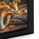 Close-up of a framed botanical wall art canvas featuring vibrant flowers and detailed mushrooms, showcasing intricate designs and rich colors, perfect for home decor.