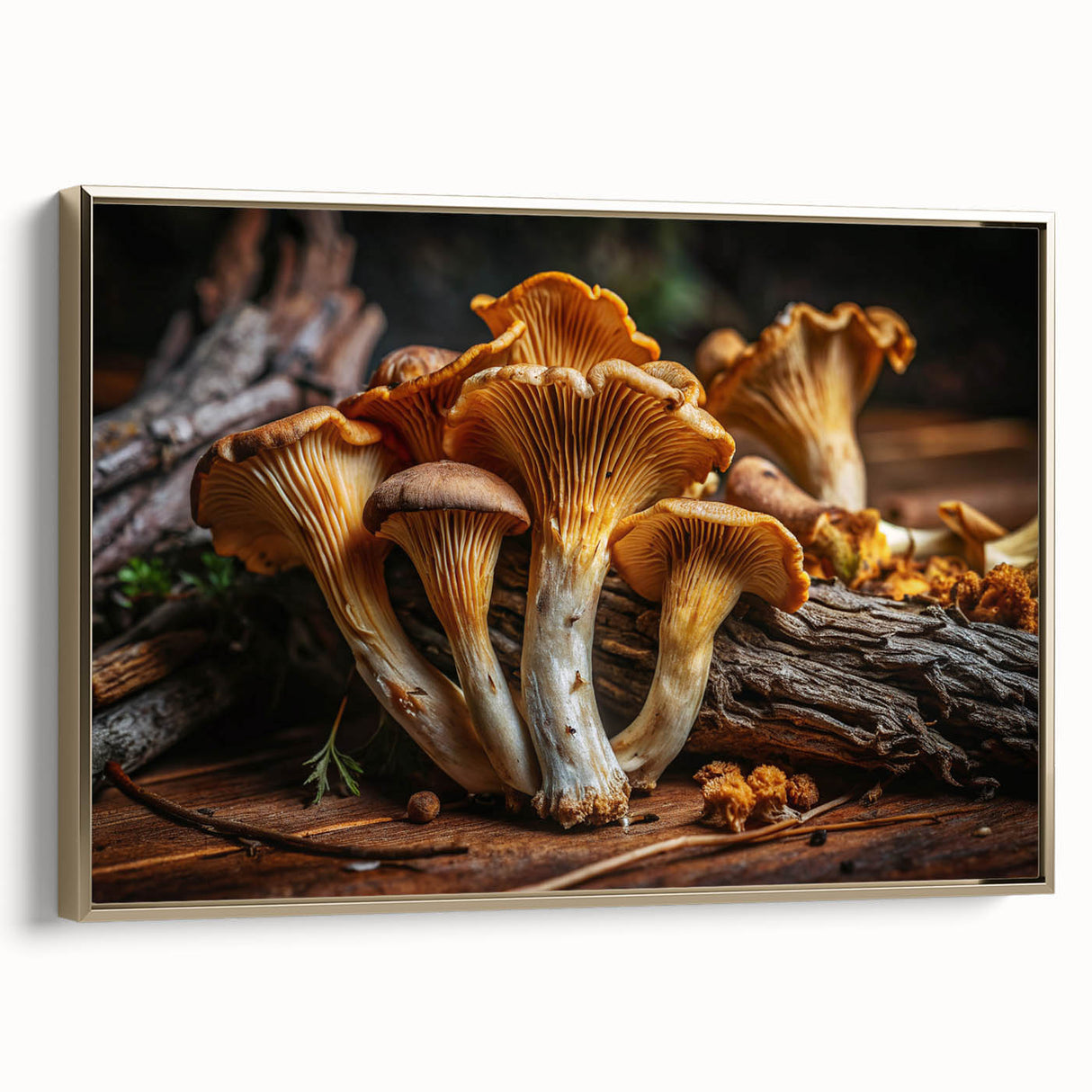 Framed wall art featuring a botanical design with colorful flowers and mushrooms, accented with a gold frame, showcasing a side view. Ideal for home decor enthusiasts.