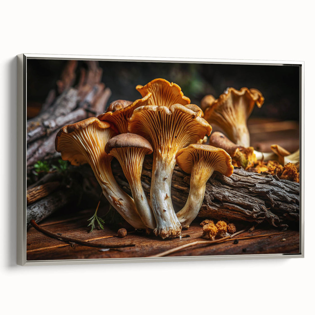 Framed wall art featuring a botanical design of colorful mushrooms and flowers on a silver background, showcasing intricate details and vibrant colors, perfect for home decor.