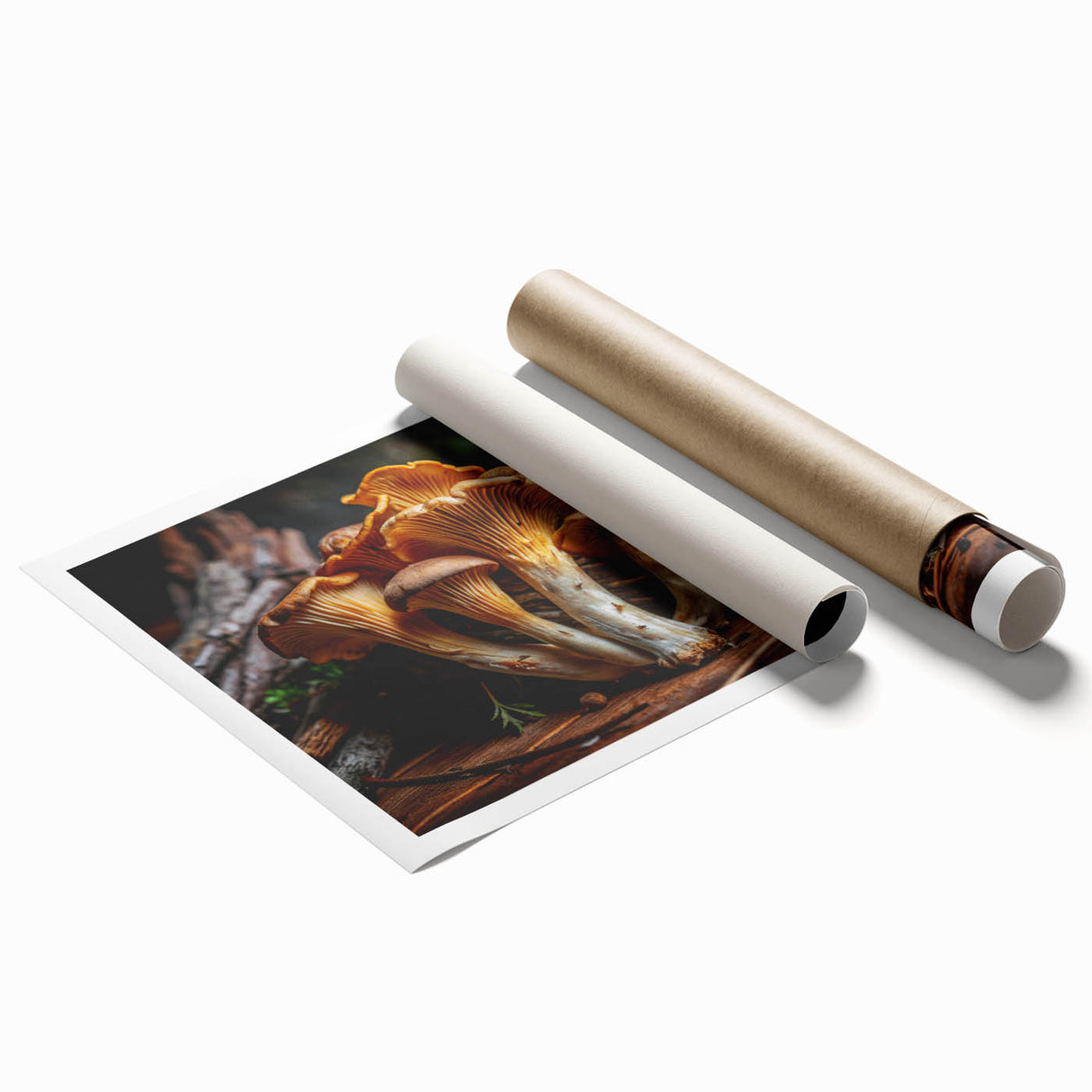 Botanical wall art print showcasing vibrant flowers and intricate mushrooms design, rolled for easy display and packaged securely in a protective tube. Perfect for nature-themed decor.