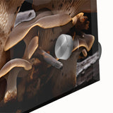 Close-up of a vibrant wall art piece featuring botanical illustrations of colorful mushrooms, displayed on acrylic glass, showcasing intricate details and textures perfect for nature enthusiasts.