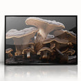 Framed wall art featuring a botanical design of colorful mushrooms and flowers, set in a sleek black frame, ideal for modern home decor accents.