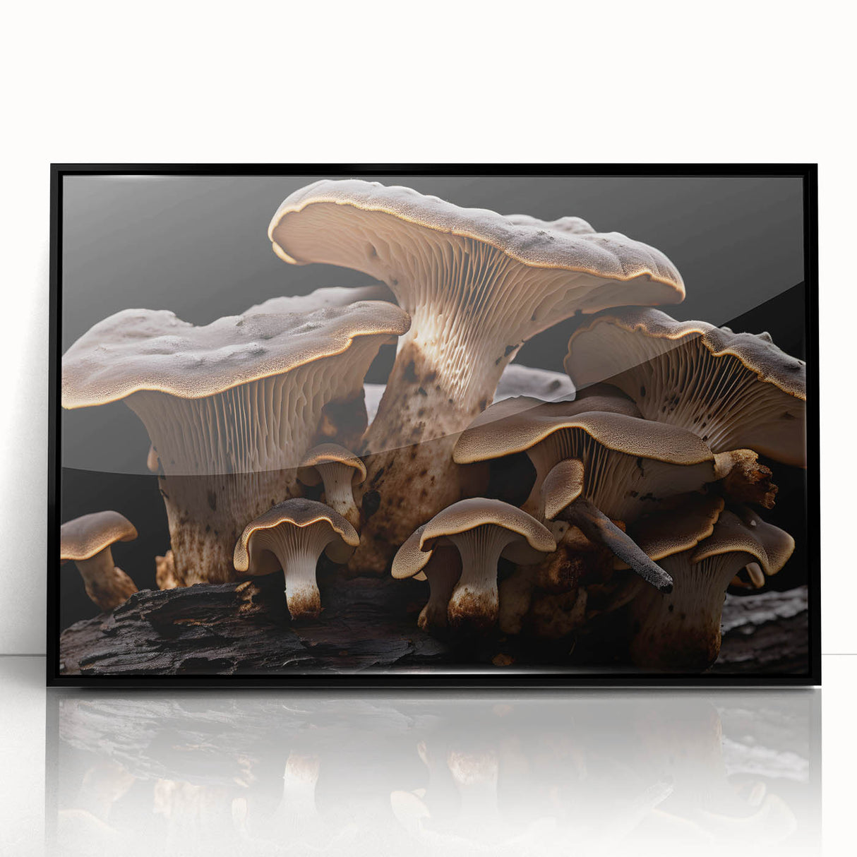 Framed wall art featuring a botanical design of colorful mushrooms and flowers, set in a sleek black frame, ideal for modern home decor accents.