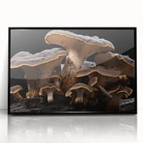 Framed wall art featuring a botanical design of colorful mushrooms and flowers, set in a sleek black frame, ideal for modern home decor accents.