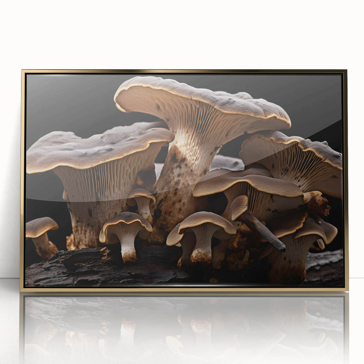 Framed wall art featuring a botanical design with colorful flowers and mushrooms, set in an elegant gold frame, perfect for enhancing home decor.