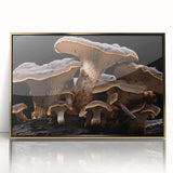 Framed wall art featuring a botanical design with colorful flowers and mushrooms, set in an elegant gold frame, perfect for enhancing home decor.