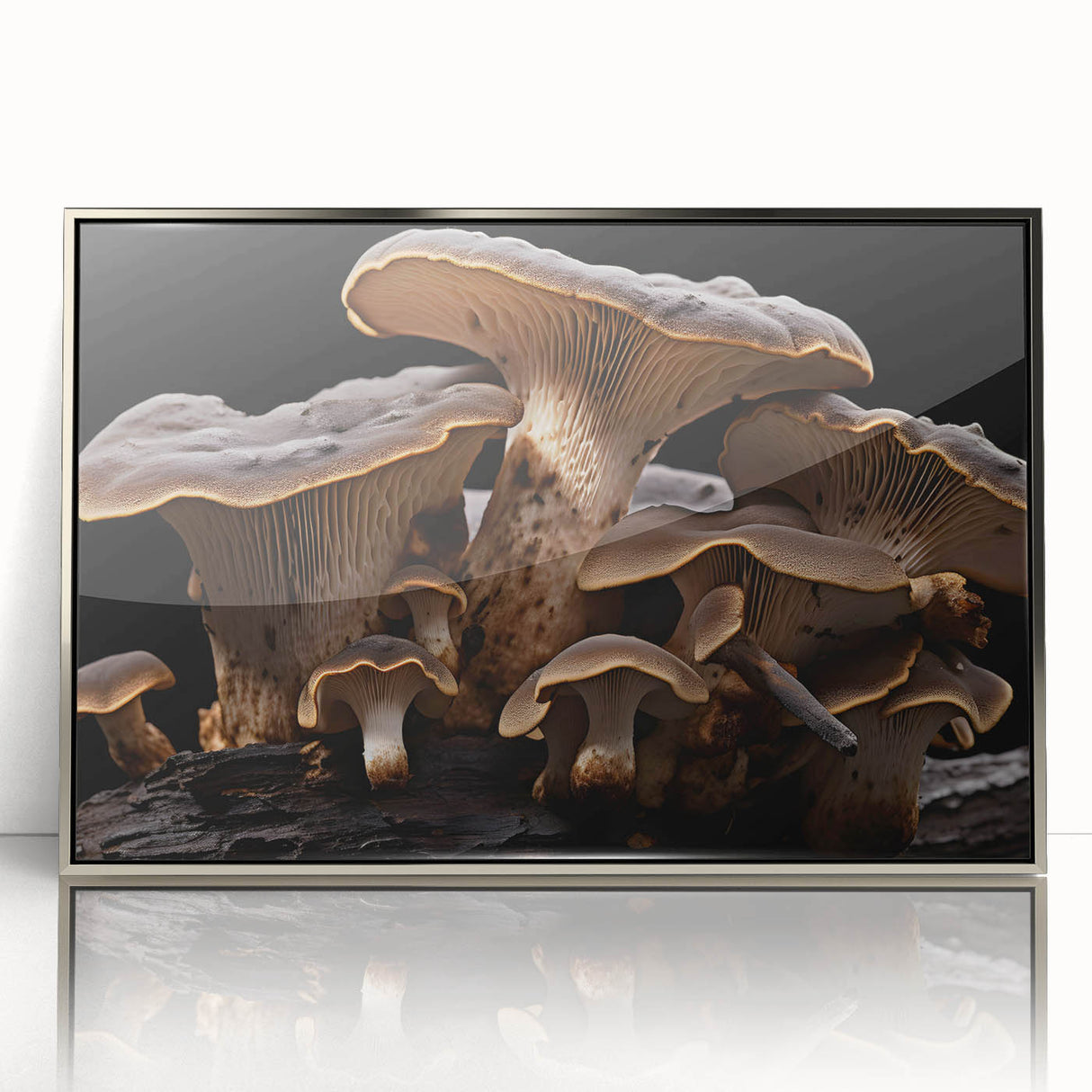 Framed botanical wall art print showcasing vibrant flowers and intricate mushroom designs in a silver-acrylic frame, perfect for enhancing home decor.
