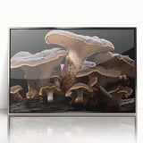 Framed botanical wall art print showcasing vibrant flowers and intricate mushroom designs in a silver-acrylic frame, perfect for enhancing home decor.