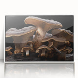 Framed wall art display featuring a botanical design of colorful flowers and mushrooms on a white background, ideal for home decor and nature enthusiasts.