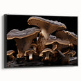 Framed wall art showcasing a botanical design of vibrant flowers and mushrooms, set against a sleek black background, emphasizing intricate details and textures.