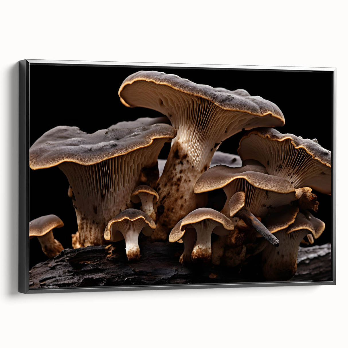 Framed wall art showcasing a botanical design of vibrant flowers and mushrooms, set against a sleek black background, emphasizing intricate details and textures.