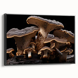 Framed wall art showcasing a botanical design of vibrant flowers and mushrooms, set against a sleek black background, emphasizing intricate details and textures.