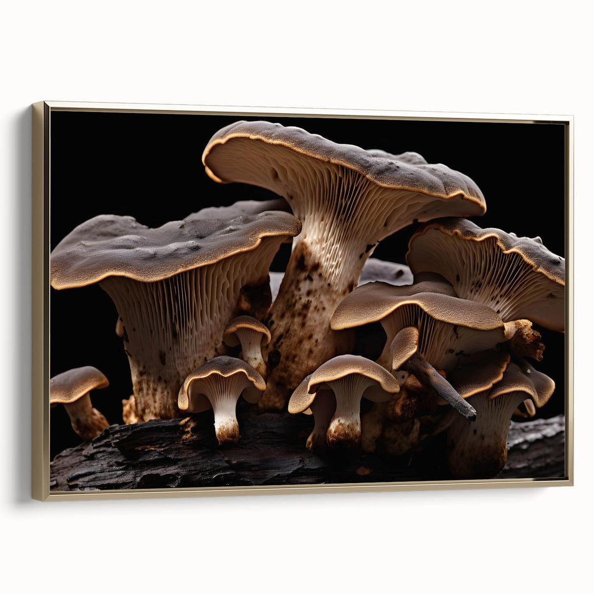 Framed wall art showcasing a botanical design with vibrant flowers and mushrooms, highlighted by a gold frame, perfect for enhancing home decor aesthetics.