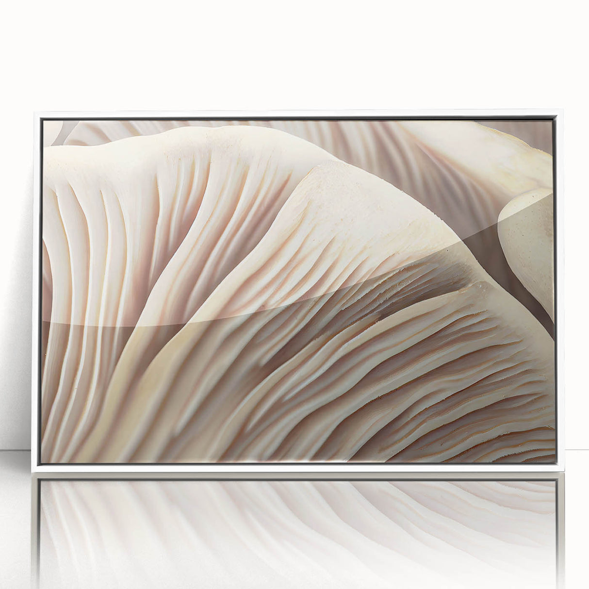 Framed wall art showcasing a botanical design of colorful flowers and mushrooms, featuring a white frame, ideal for home decor or nature-themed spaces.