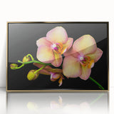 Framed botanical wall art featuring a vibrant orchid design with gold accents, showcasing intricate details on a white background, ideal for home decor.