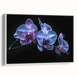 Framed canvas wall art featuring a botanical orchid design in vibrant colors, showcasing intricate floral details against a white background, ideal for home decor.