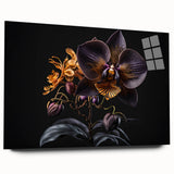 Detailed view of a botanical orchid wall art design printed on acrylic glass, showcasing vibrant colors and intricate details, ideal for modern home decor.