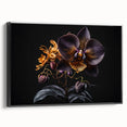 Framed canvas wall art showcasing a botanical orchid design with vibrant colors, elegantly displayed against a black background, perfect for home decor enhancement.