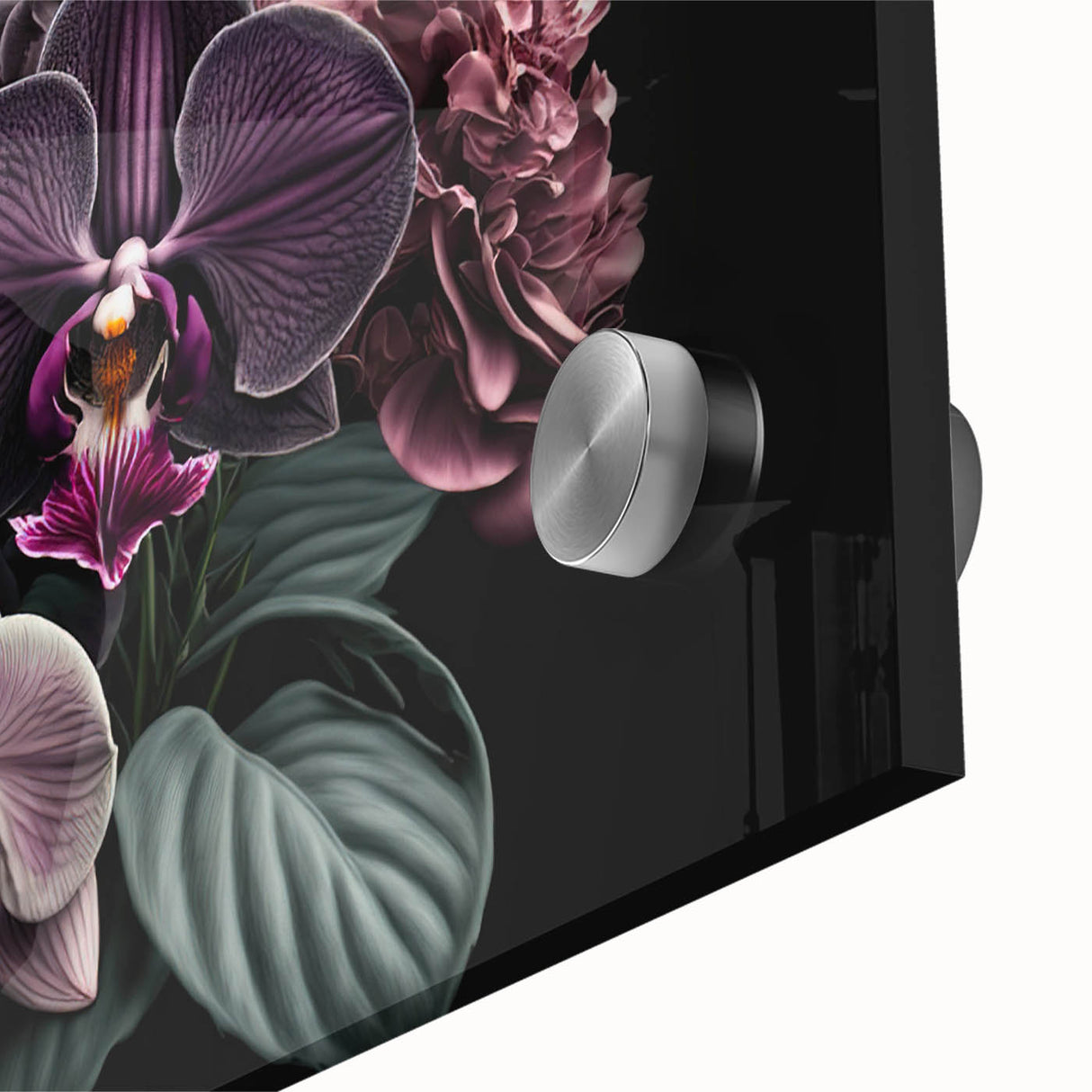 Close-up of a vibrant botanical orchid design wall art collection, showcasing intricate flower details in a modern acrylic glass finish, ideal for home decor.
