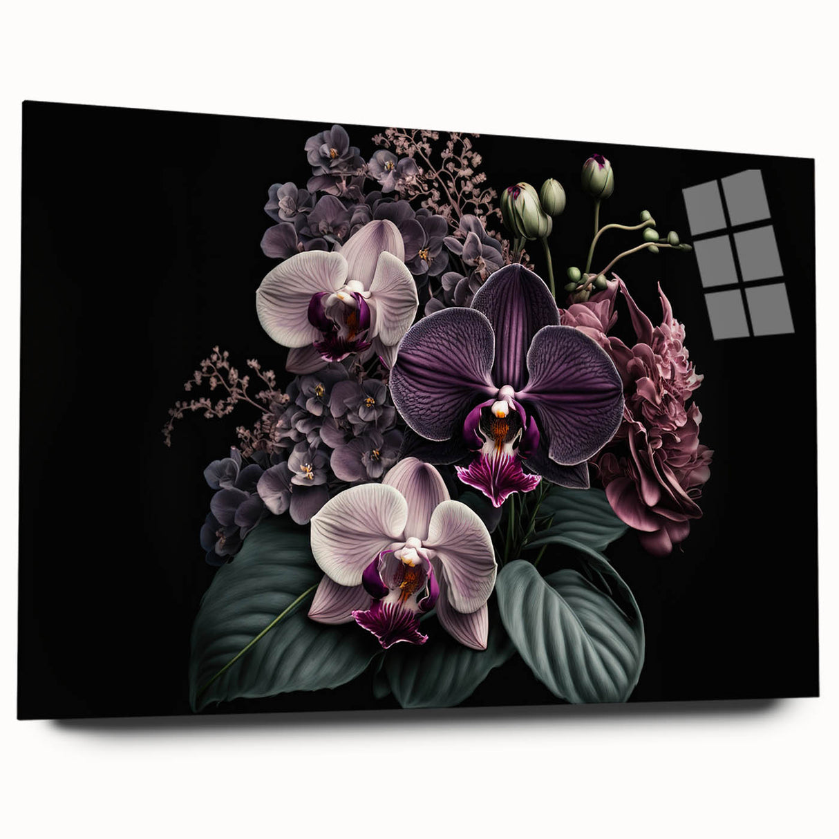 Acrylic wall art displaying a vibrant botanical orchid design, showcasing delicate petals in shades of pink and white, positioned elegantly on a glass surface. Perfect for enhancing home decor with a touch of nature-inspired elegance.