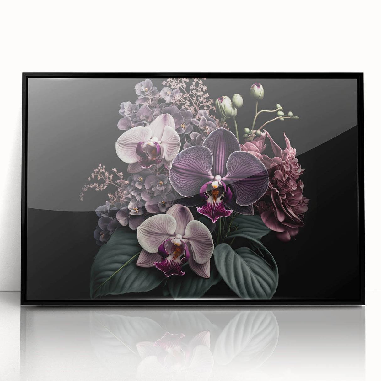 Framed wall art featuring a vibrant botanical orchid design, set in a sleek black frame, perfect for adding elegance to home decor or office interiors.
