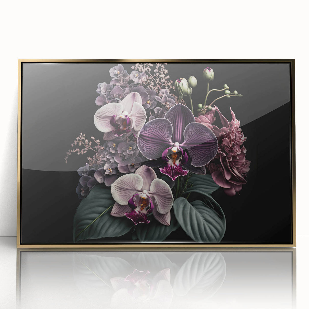 Framed botanical orchid wall art design showcasing vibrant colors and intricate details, featuring a sleek gold frame that enhances its elegance and sophistication. Perfect for adding a touch of nature-inspired decor to any modern space.