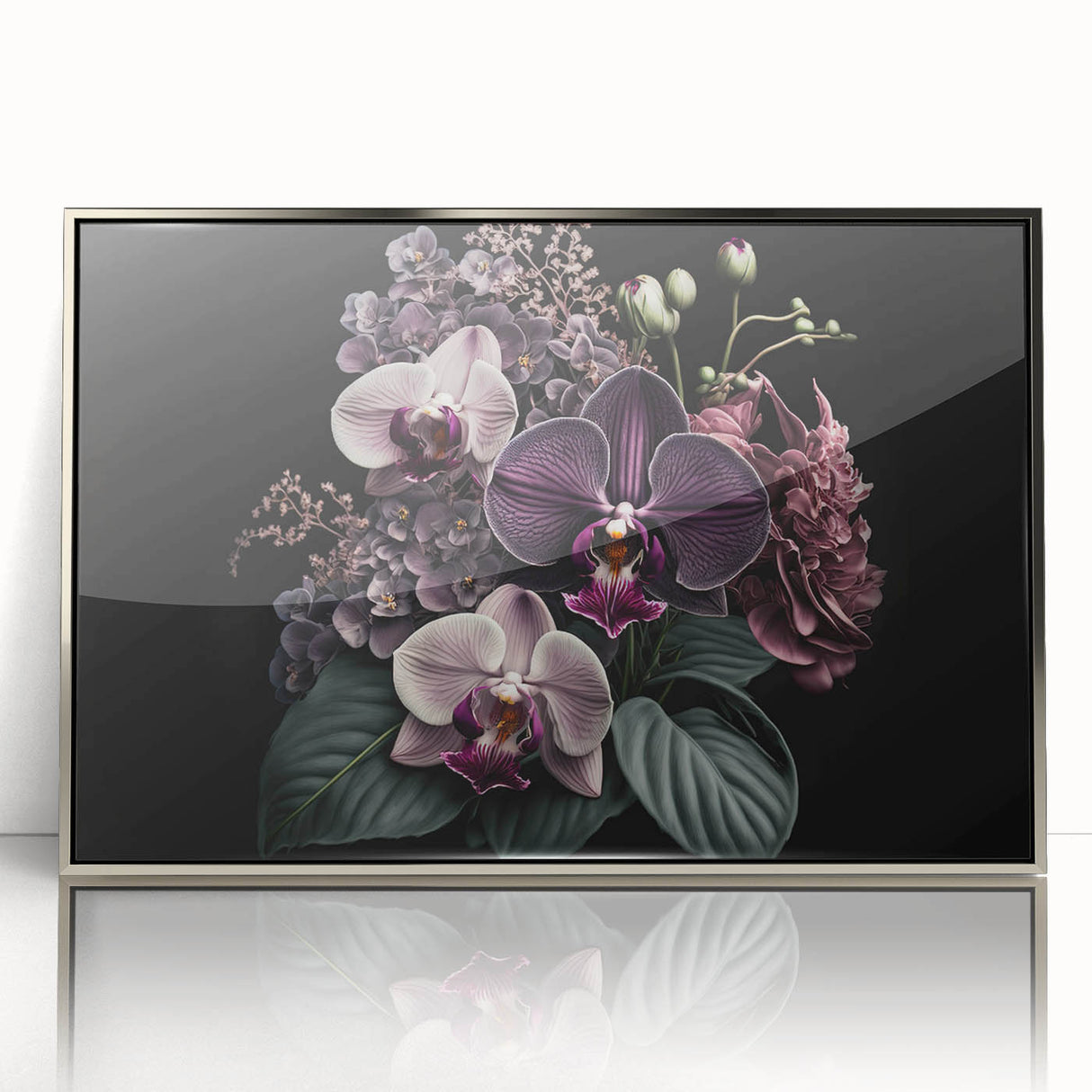 Framed botanical orchid wall art in silver acrylic, showcasing vibrant floral designs perfect for home decor. Ideal for nature lovers and elegant interiors.