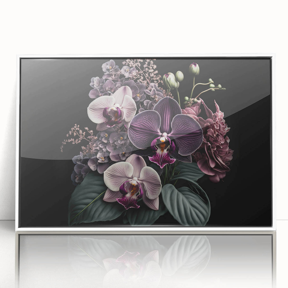 Framed wall art featuring a botanical orchid design with vibrant colors, showcasing delicate petals against a white background, ideal for home decor enhancement.