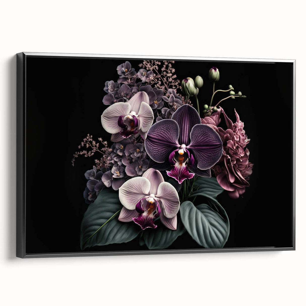 Framed canvas wall art showcasing a botanical orchid design with vibrant colors on a black background, highlighting intricate floral details and elegant framing.