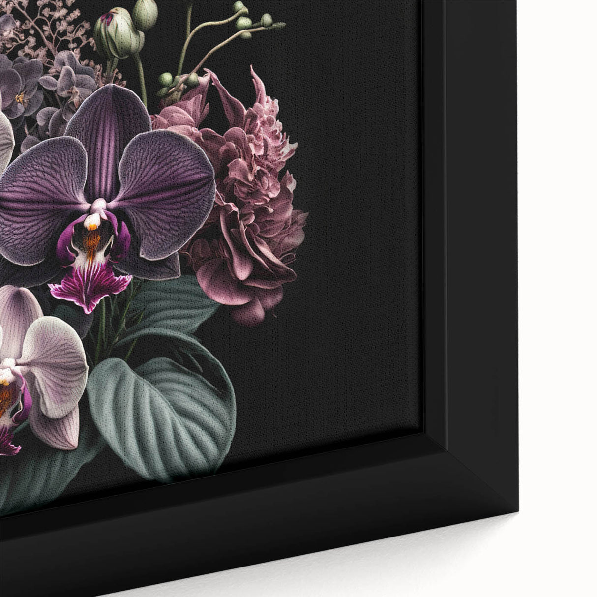 Close-up of a beautifully framed botanical orchid wall art piece, showcasing vibrant colors and intricate floral details, perfect for enhancing home decor.