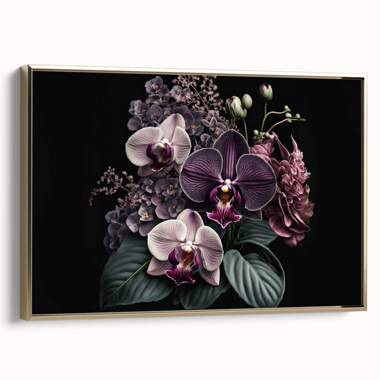 Framed wall art showcasing a botanical orchid design on canvas, with a gold frame and elegant side view, perfect for enhancing home decor with a touch of nature.