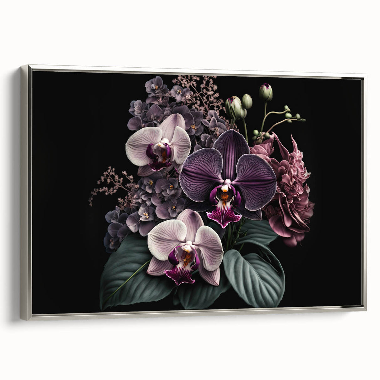 Framed canvas wall art featuring a botanical orchid design, showcasing vibrant colors and intricate details, elegantly displayed with a silver frame, perfect for home decor.