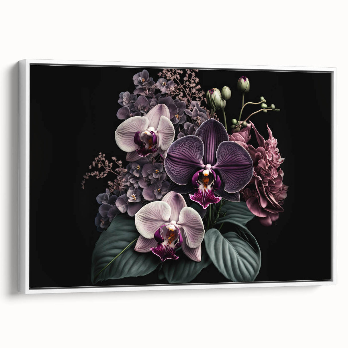Framed wall art featuring a botanical orchid design on canvas, showcasing vibrant colors and intricate details, placed against a white backdrop for a modern aesthetic.
