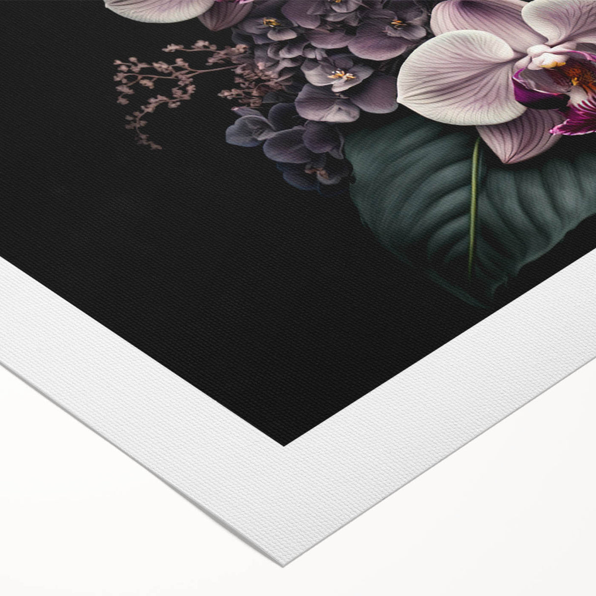 Botanical wall art featuring a vibrant orchid design on rolled canvas, showcasing intricate floral details in shades of pink and green, perfect for home decor.