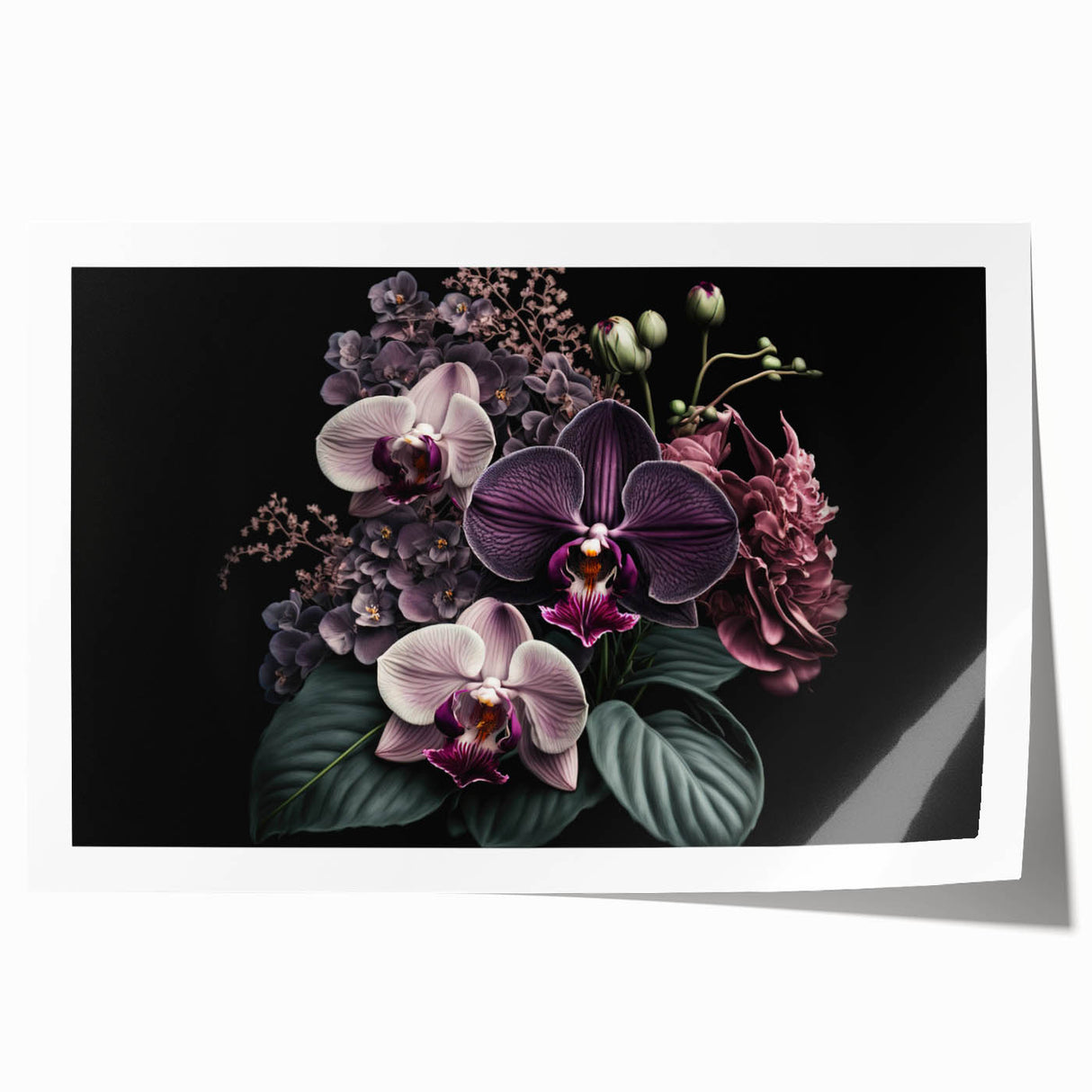 Floral botanical wall art print showcasing a vibrant orchid design with rich colors, rolled for easy framing and display in home decor settings. Perfect for nature enthusiasts and interior design lovers.