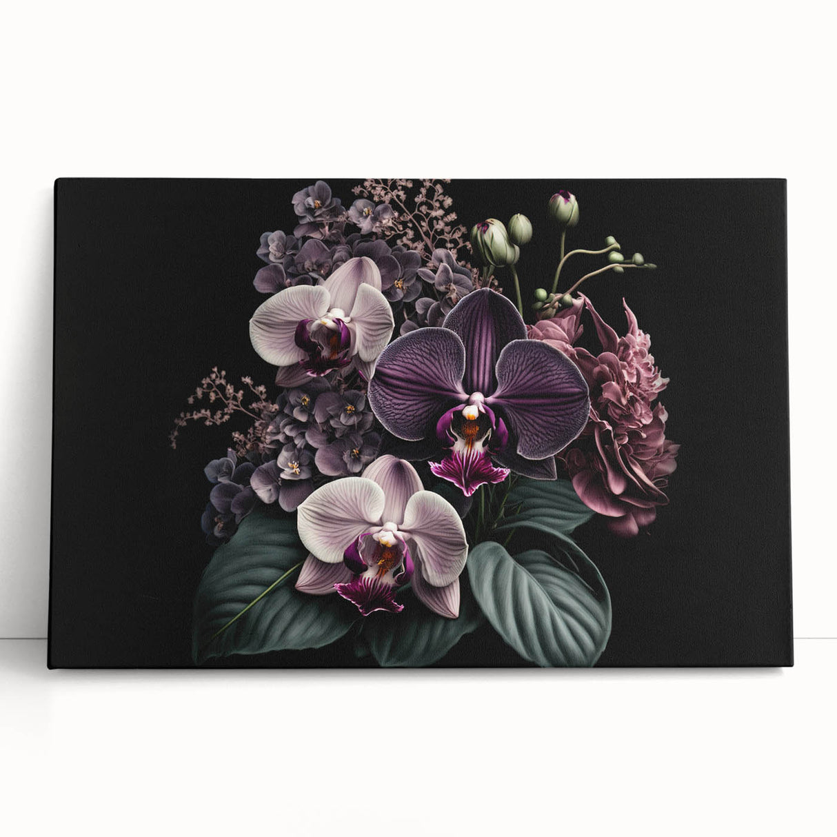 Stretched canvas wall art featuring a vibrant botanical orchid design in rich colors, elegantly leaning against a neutral-toned wall, perfect for home decor.