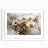 Botanical wall art featuring a vibrant orchid design in a white frame with matting, perfect for home decor, adding a touch of elegance and nature-inspired beauty.