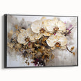 Framed canvas wall art featuring a vibrant botanical orchid design in shades of purple and green, set against a sleek black frame, showcasing a side view for depth.