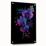 Side view of a botanical orchid wall art piece displayed in a sleek acrylic frame, highlighting vibrant floral colors and intricate details, perfect for home decor.