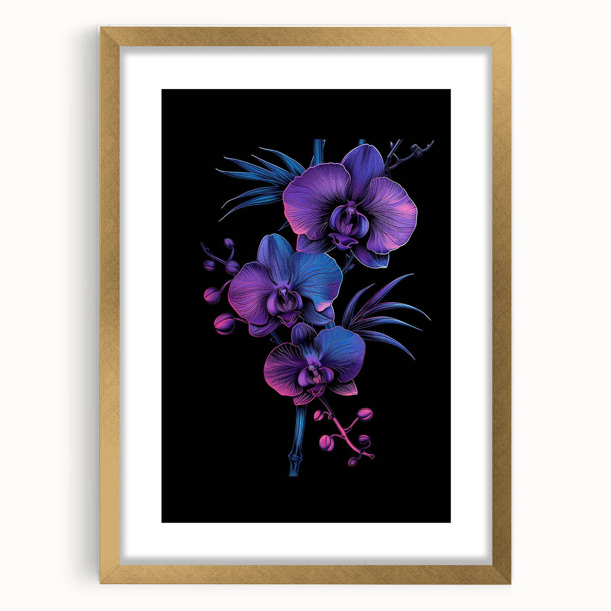 Botanical orchid wall art collection framed in gold with a mat, showcasing vibrant floral designs that enhance home decor, perfect for nature lovers.