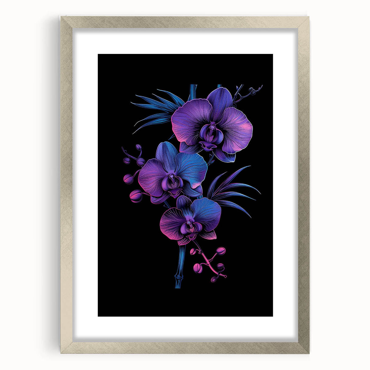 Framed botanical wall art featuring a stunning orchid design in a silver frame with a white mat, perfect for home décor or gallery display. Ideal for floral enthusiasts.